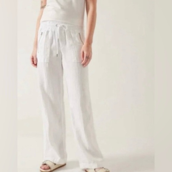 Athleta Cabo White Linen Wide Leg High Rise Elastic Waist Pants w/Pockets, Sz 8 - Picture 2 of 10
